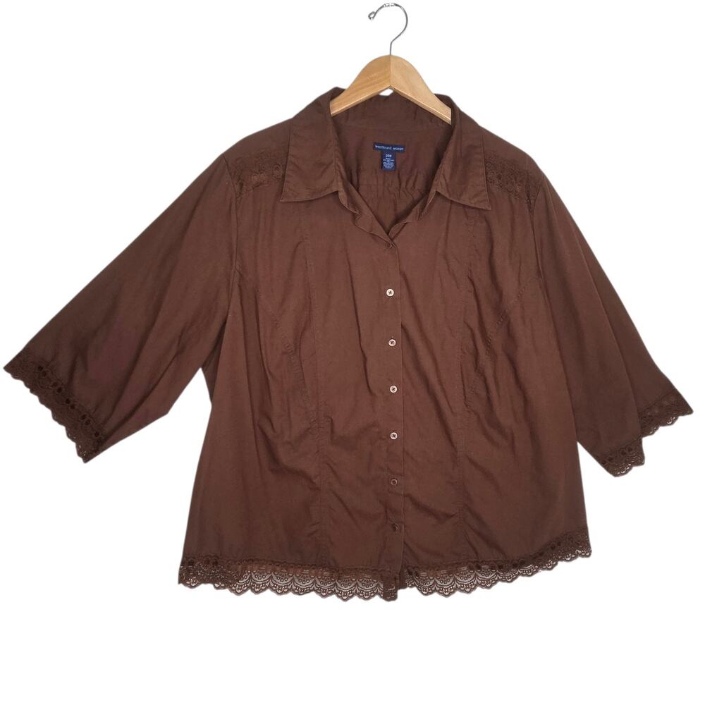 Westbound Womens Brown Lace Trim Embroidery Button Blouse SZ 24W Everyday Boho